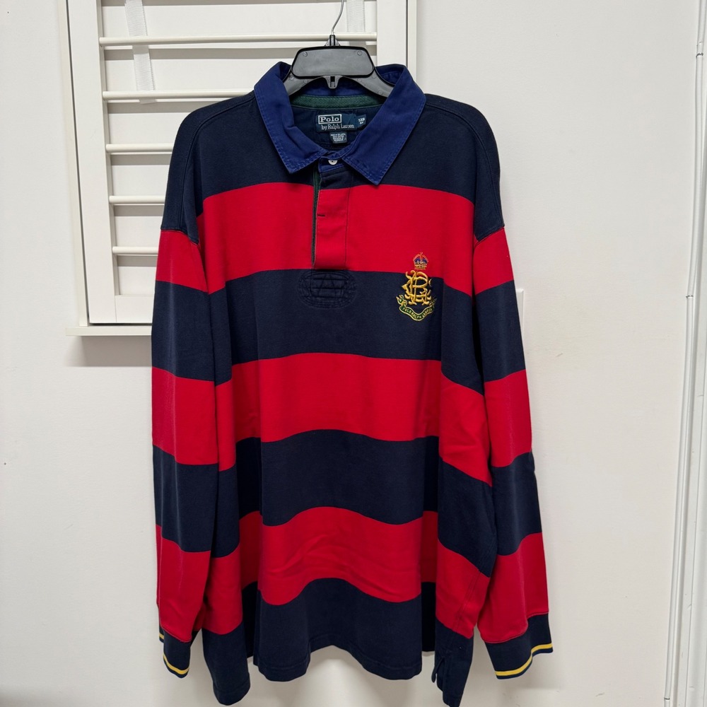 Polo Ralph Lauren Men Rugby Shirt 5XB Big & Tall Striped Crest Navy Red L/S